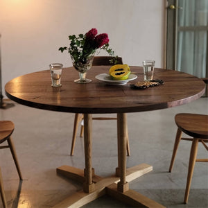 Walnut Round Table × 木製クロス脚